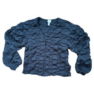 ASOS Black Crinkle Blouse | Covered Buttons | Textured Chic | Size 2